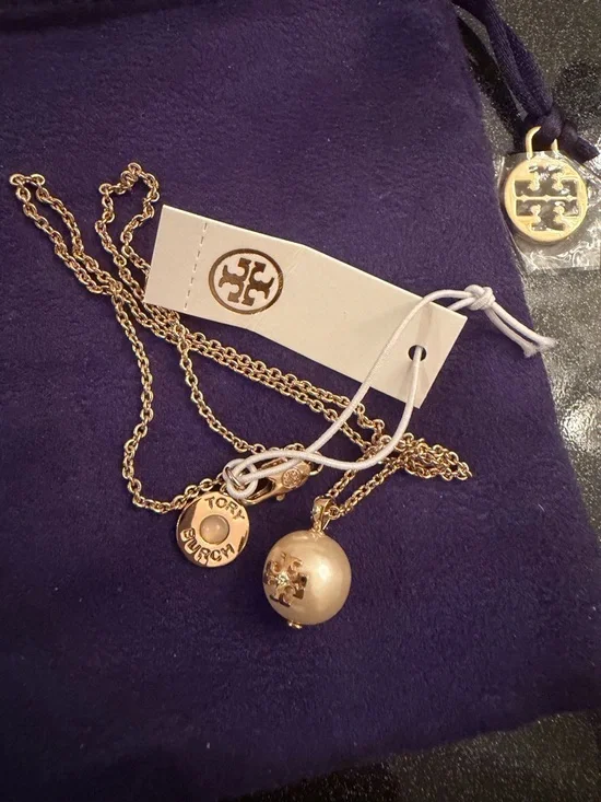 Tory Burch Gold-Tone Pearl Logo Drop Necklace - Picture 2 of 3